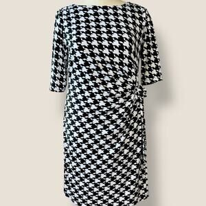 Kiara Houndstooth Half Sleeve Ruched Stretchy Sheath Dress Size L Black & White